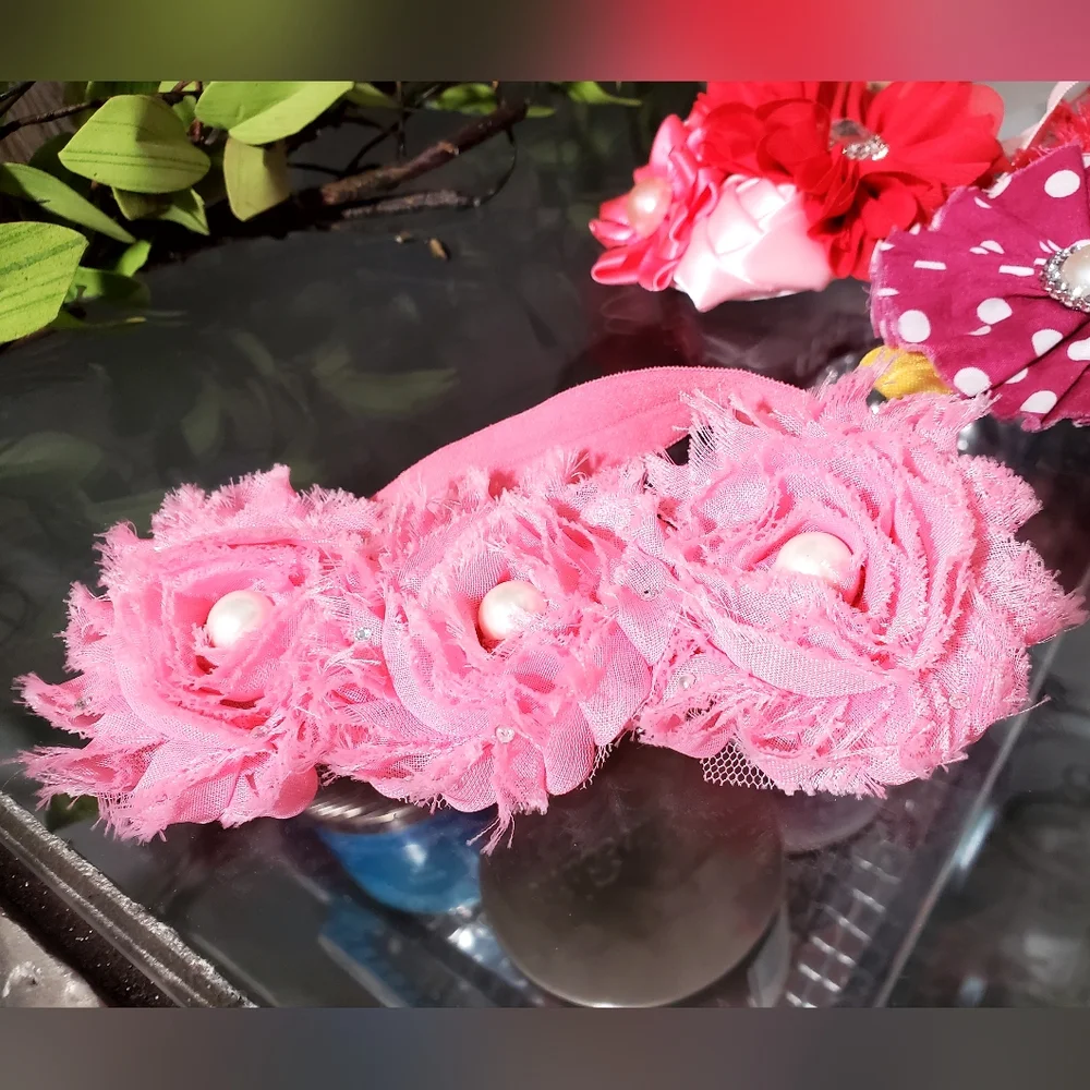 Set Of 2 Hair Bows Pink Floral Headband with Pearls, Gray Headband Bow 6